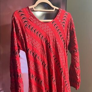 Red Patterned Long Sleeve kaftan modest Dress cotton blend nwot
